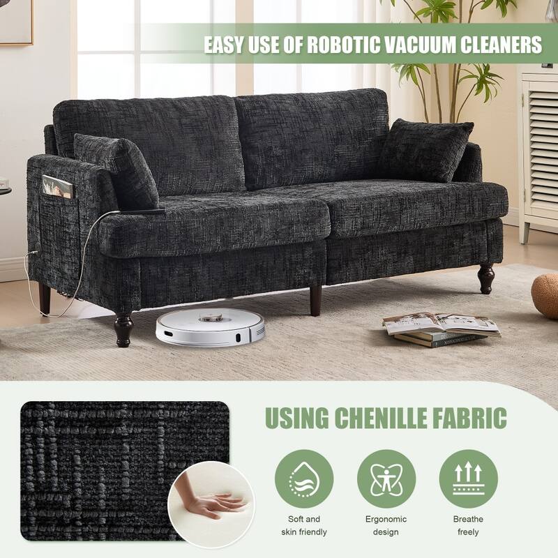 Modern Chenille 2-Seater Wood-Legged Sofa with LED light, USB Charging Port and Storage Bag