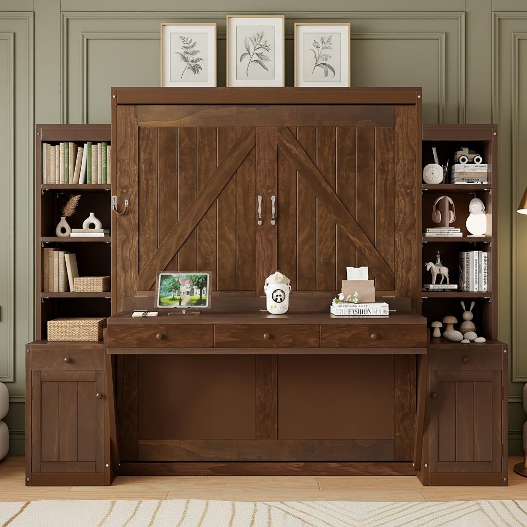 Queen Murphy Bed Cabinet with Fold-Down Desk, Power Hub & Mega Storage System by Harper&Bright Designs