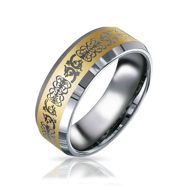 Personalize Two Tone Celtic Knot Dragon Carbon Fiber Inlay Couples Silver Gold Tones Titanium Wedding Band Rings for Men for Women Comfort Fit 8MM Wide in Blue Black Golden Colors