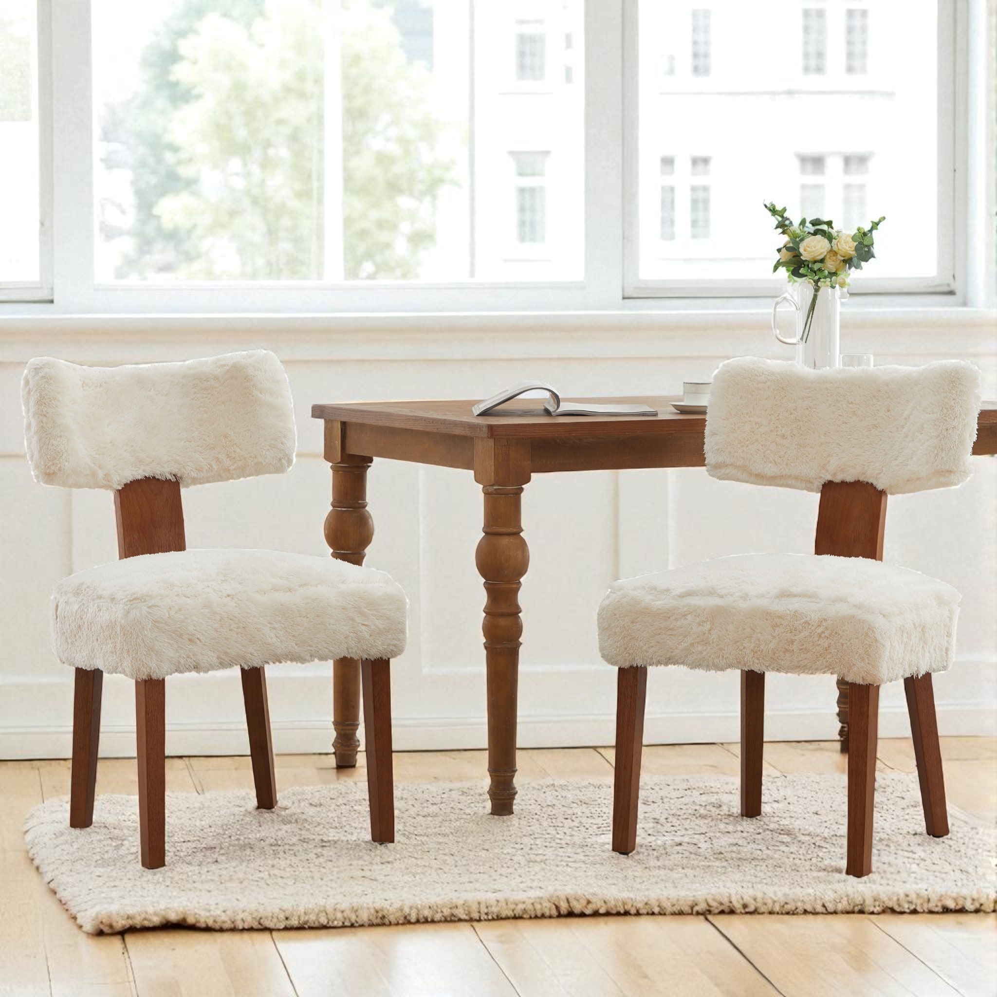 Set of 2 Fur Fabric Armless Dining Chairs with Curved Wing Back, Foam Cushion and Solid Rubberwood Legs for Living Room