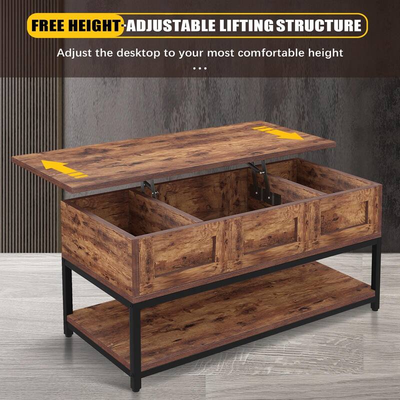 Liftable Desktop Coffee Table with Open Shelf and Hidden Storage Space