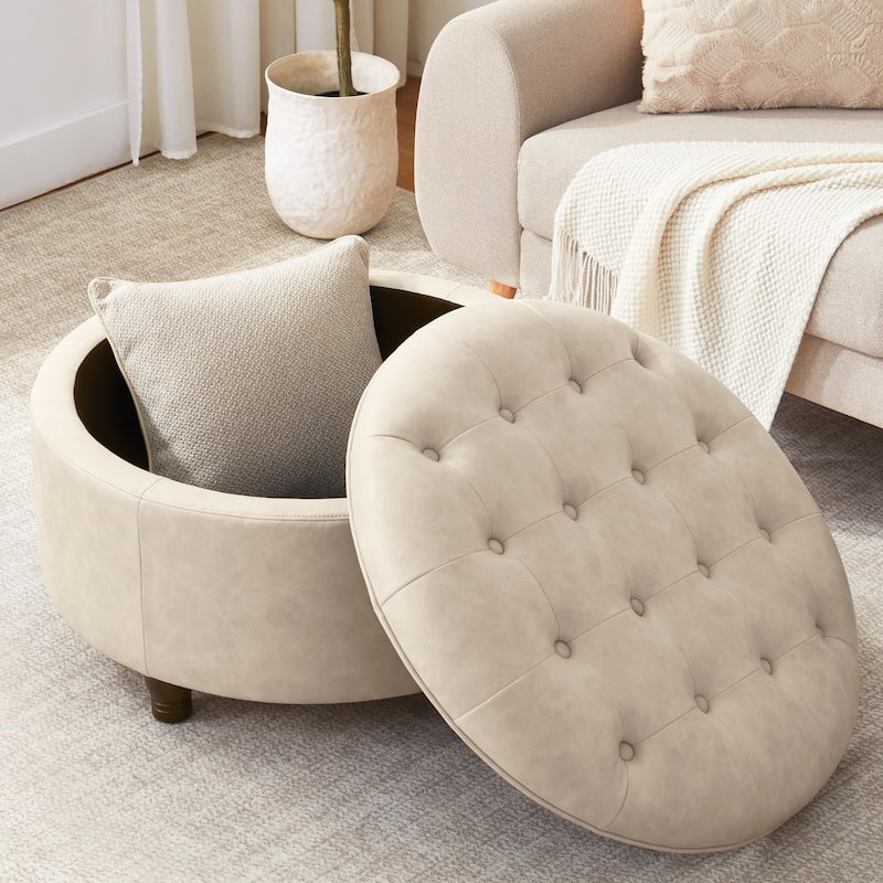Tufted Round Storage Ottoman, Faux Leather