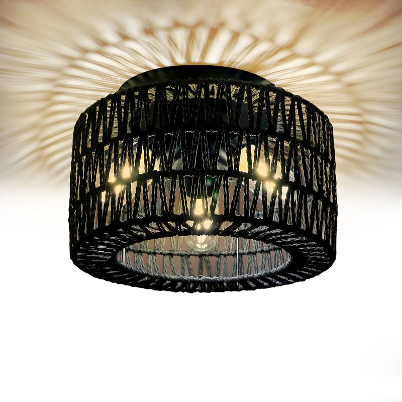 Black Woven Flush Mount Light Fixture Rustic Industrial Hemp Rope Round Ceiling Light - 11.8