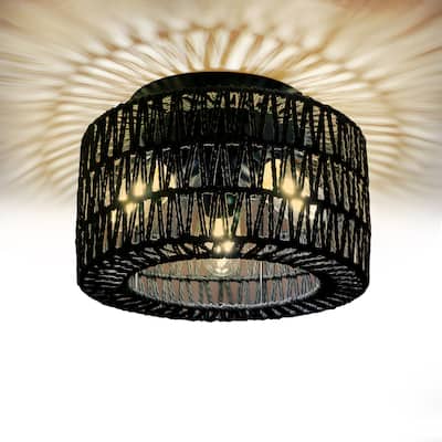 Black Woven Flush Mount Light Fixture Rustic Industrial Hemp Rope Round Ceiling Light - 11.8