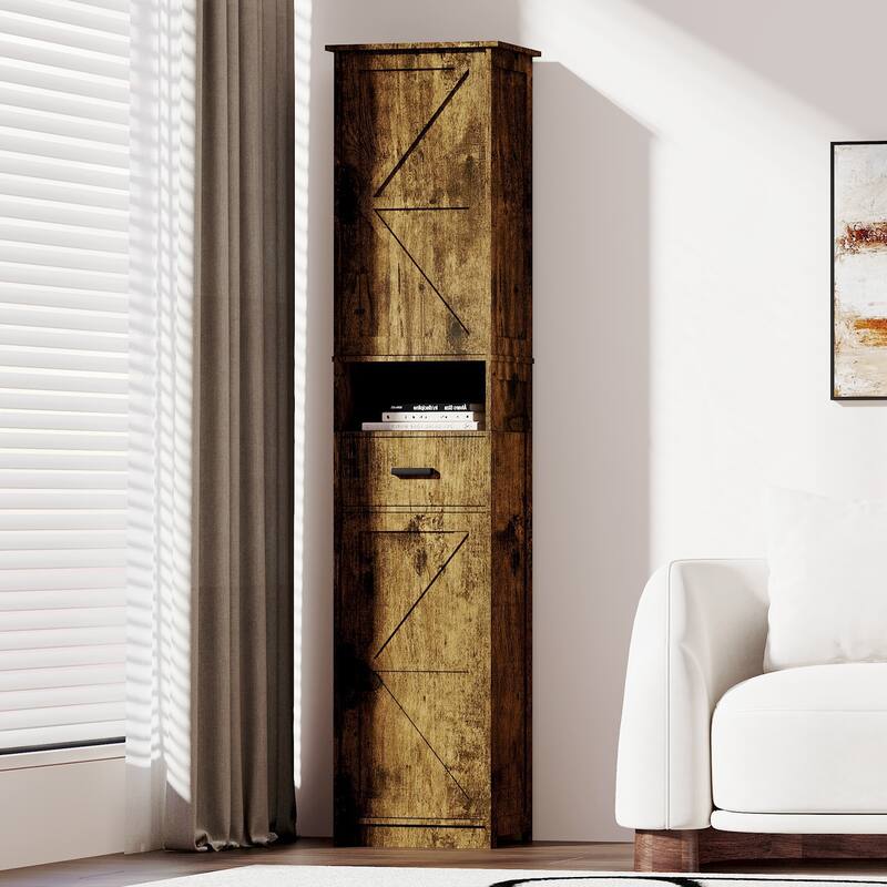 69"H Tall Bathroom Cabinet with Adjustable Shelves, 2 Barn Doors & 1 Drawer - Vintage