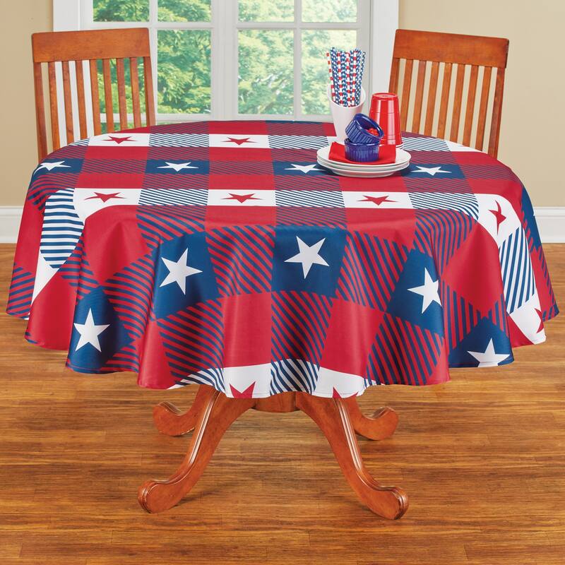 Stars Checkered Plaid Patriotic Tablecloth - Round - Single - Red - Round