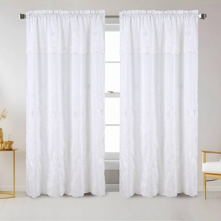 Mariana Embroidered Floral Rod Pocket Window Curtain Panel with Valance, 55x84 Inches - 55x84 Inches - White