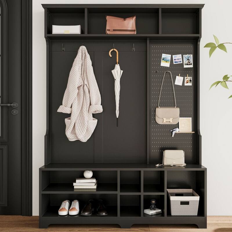77.17"H Hall Tree with Shoe Bench,Coat Rack,Shoe Storage,Shelves and Pegboard - Black
