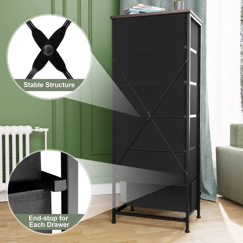 6 Drawers Chest - Vertical Storage Tower Steel / Wood / Fabric Dresser