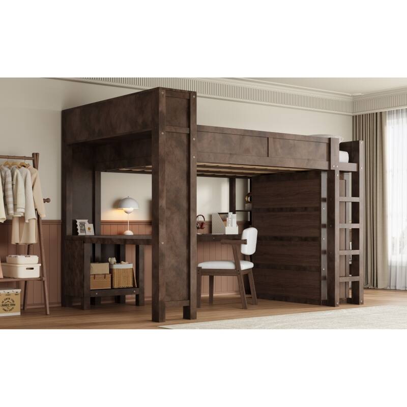 Roomfitters Queen Loft Bed with Wardrobe, Desk, Storage Headboard and USB