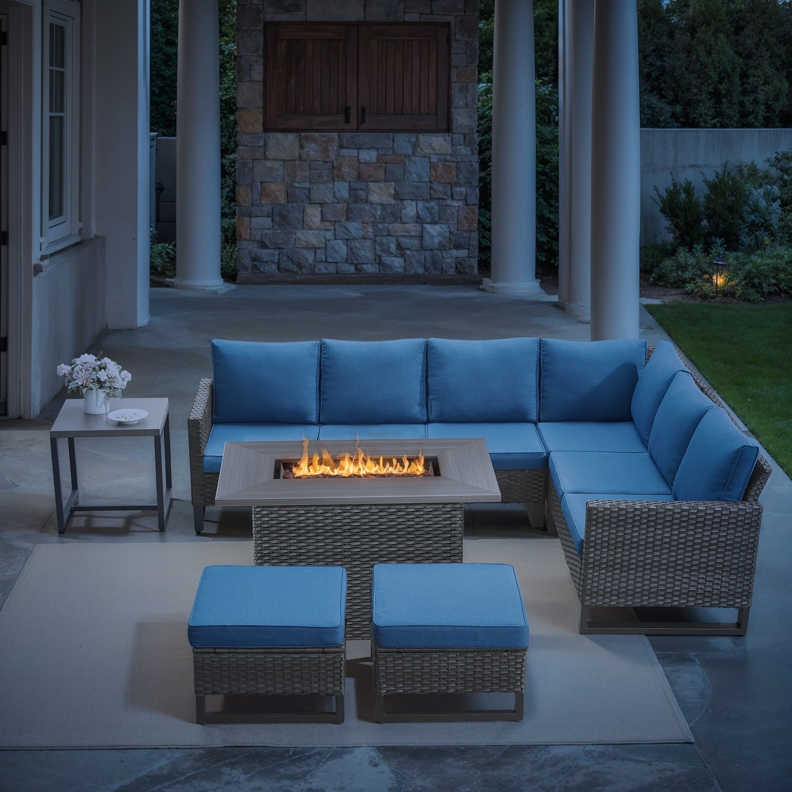Fire Pit with Table Patio Rattan Sofa Swivel Chair - Blue cushion - Grey