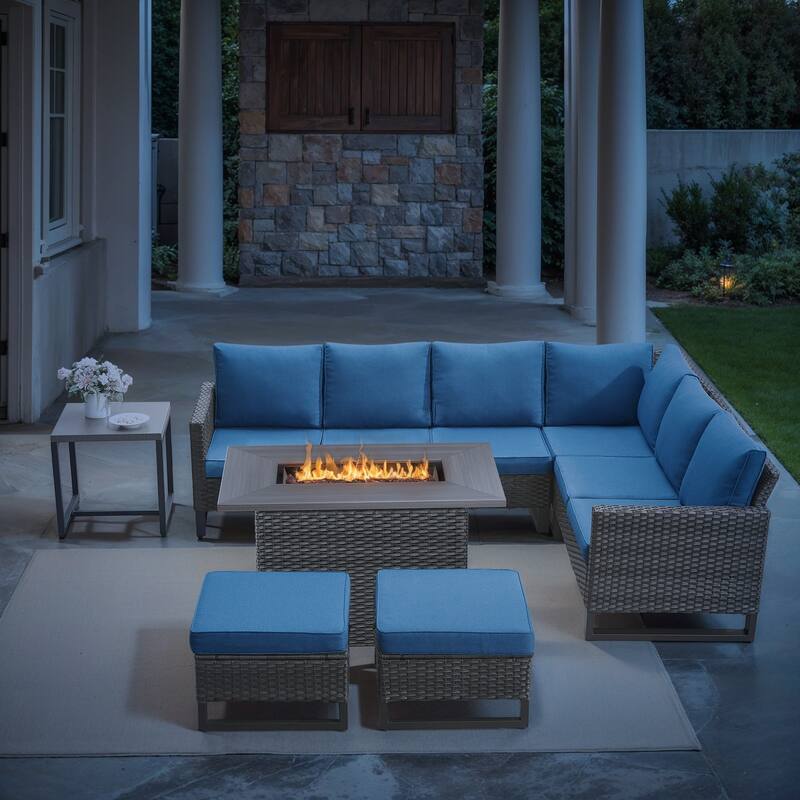 Patio Rattan Sectional Sofa Swivel Chair with Fire pit Table - Blue - Grey