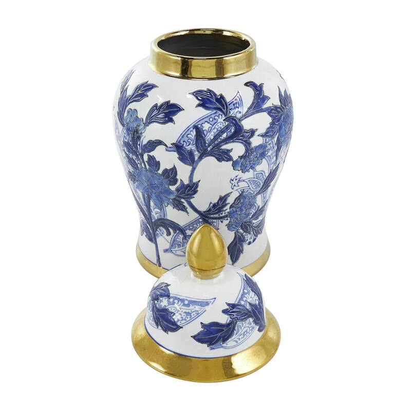 Ceramic Floral Living Room Decorative Jars with Cream and Gold Accents - Blue - Roche River Decor