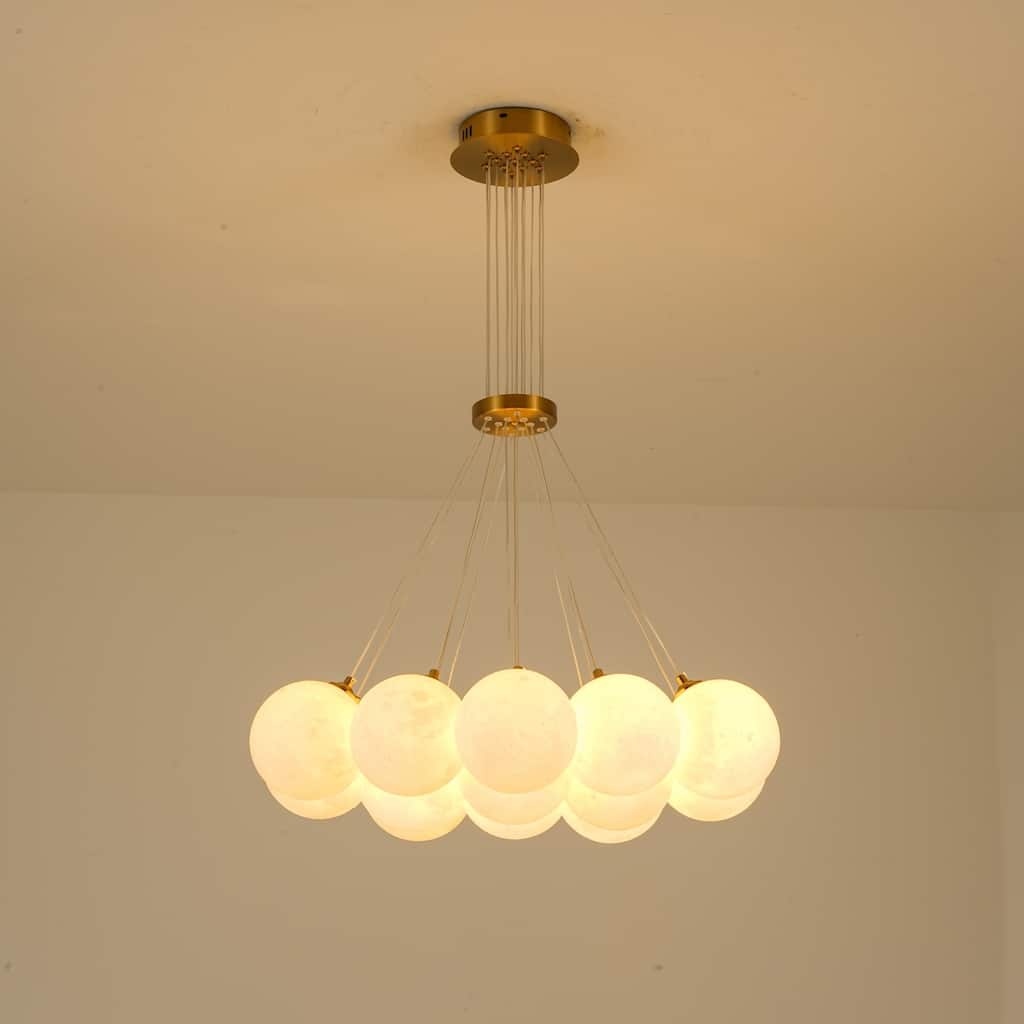 13-Light Modern Cluster Bubble Glass-Like 3D Printed Moon-Shade Gold Metal Chandelier for Living Room