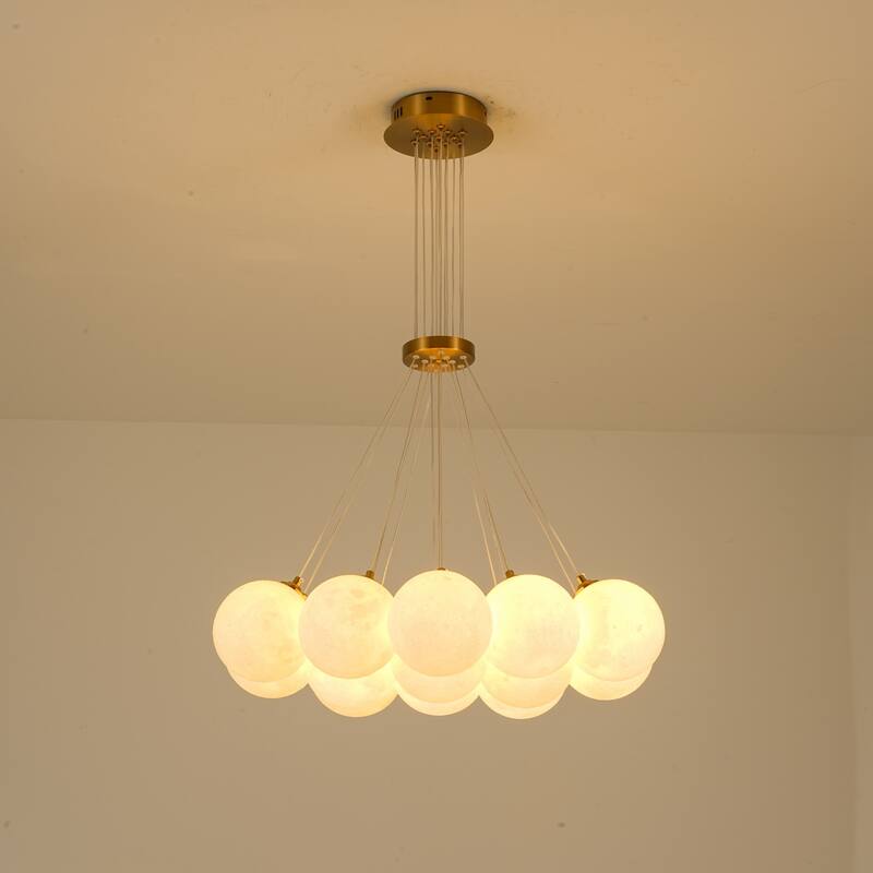 13-Light Modern Cluster Bubble Glass-Like 3D Printed Moon-Shade Gold Metal Chandelier for Living Room - 25.6 in. W x 25.6 in. D x 6.7 in. H - Glod/White