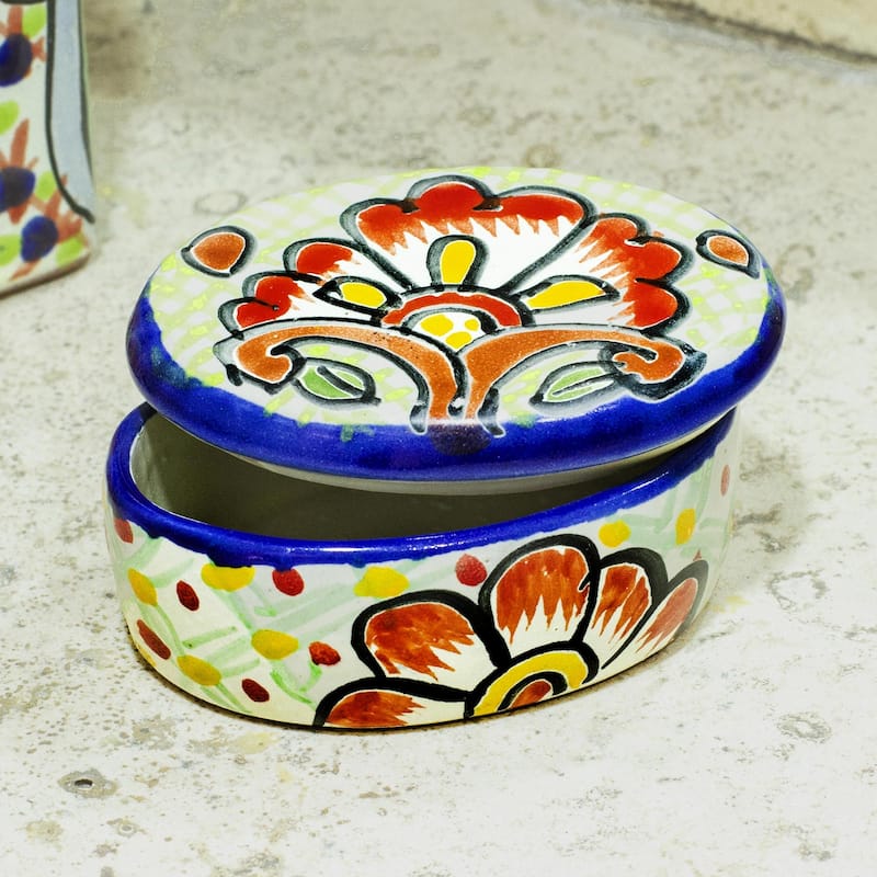 Novica Handmade Hidalgo Bouquet Ceramic Cotton Bud Jar - Multi