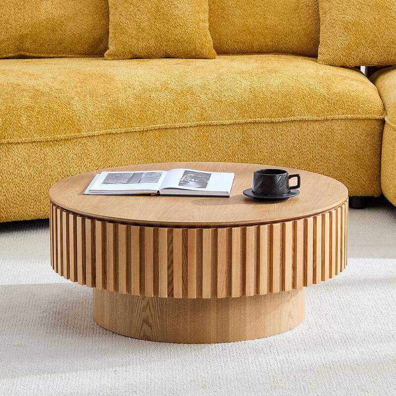 31.49" Modern Handcraft Round Wood Coffee Table with Storage