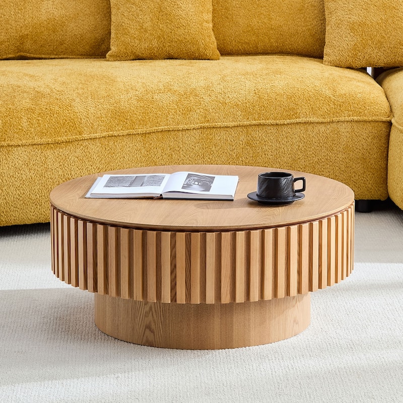 31.5" Round Wood Coffee Table with Storage, Modern Handcraft Drum Coffee Table, Stylish Circle Wooden Center Table