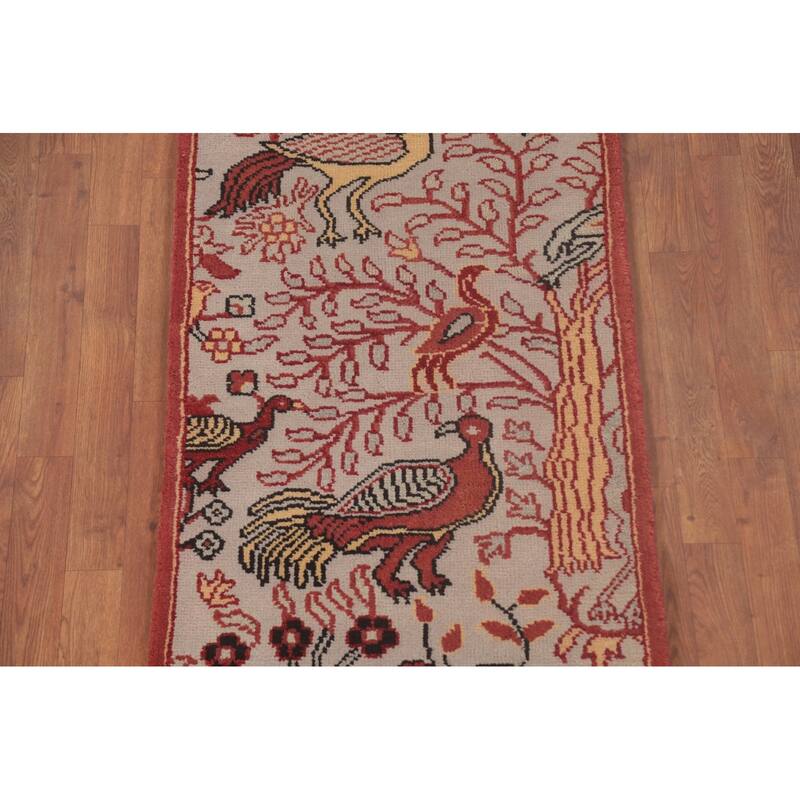Animal Pictorial Ziegler Runner Rug Hand-Knotted Beige Wool Carpet - 2'6"x 8'1"