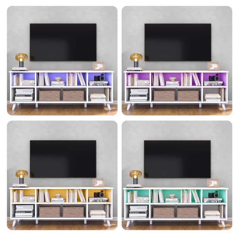 TV Stand Console Table 6 Cubby Cabinet RGB LED Light Gaming Entertainment Center - 47.2" L x 15.6" W x 18.3" H
