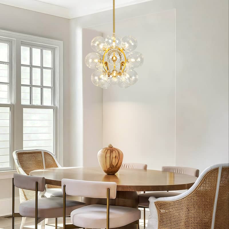 15-Light Brushed Gold Modern Luxury Twisted Glass Globe Iron Chandelier with Adjustable Rod for Living & Dining Rooms