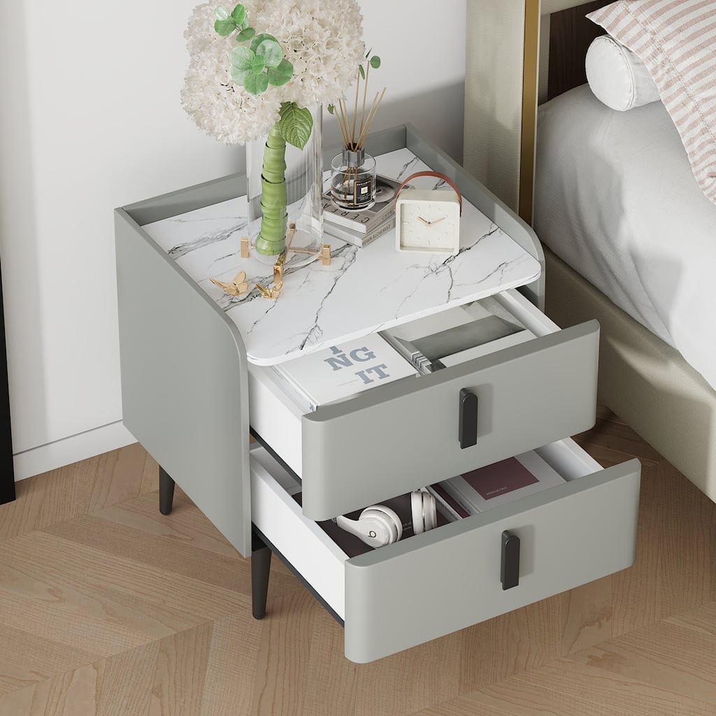 Modern Gray Nightstand with Marble-Pattern Tabletop and 2 Drawers