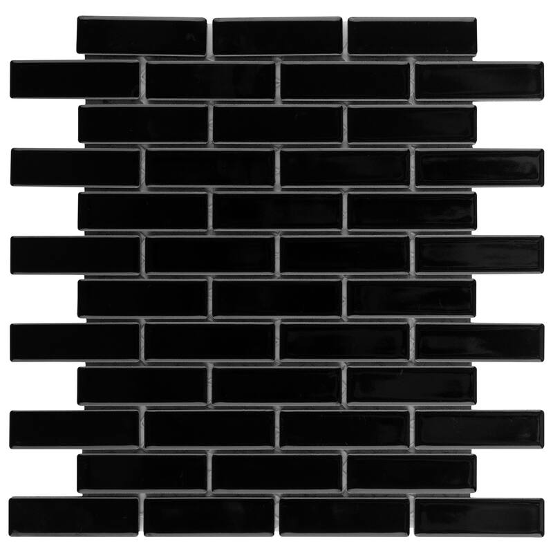 Merola Tile Metro Brick Subway Glossy Black 11-1/2" x 11-3/4" Porcelain Mosaic Floor and Wall Tile - Case (10 Tiles)