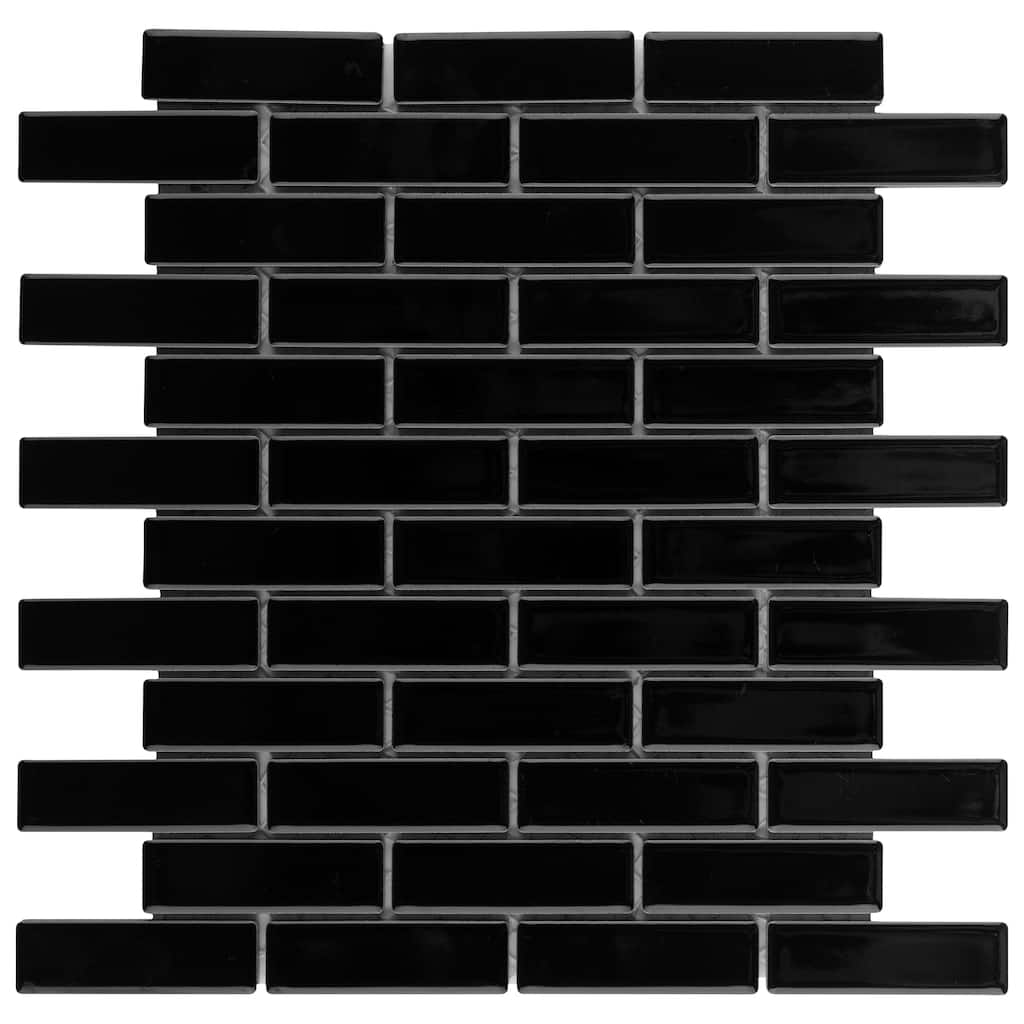 Merola Tile Metro Brick Subway Glossy Black 11-1/2" x 11-3/4" Porcelain Mosaic Floor and Wall Tile