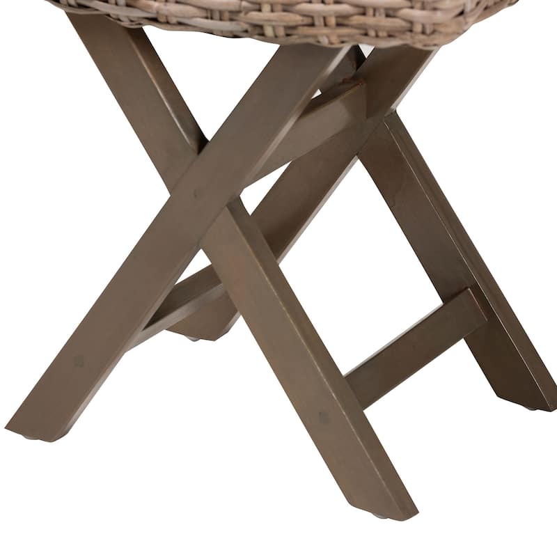 Hayate Bohemian Grey Kubu Rattan and Mahogany Wood Ottoman Footstool