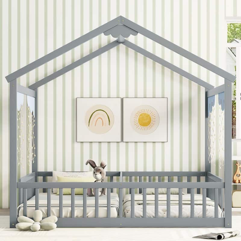 Double Twin House-Style Floor Bed with Fence - Grey