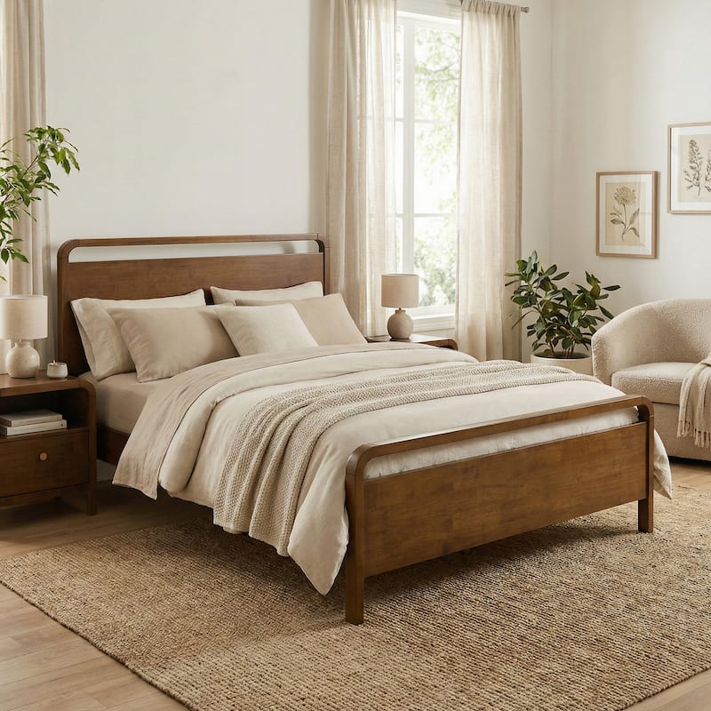 Roundhill Furniture Eldren Wood Bedroom Set, Platform Bed with Dresser, Mirror, Two Nightstands, Chest in Walnut Finish