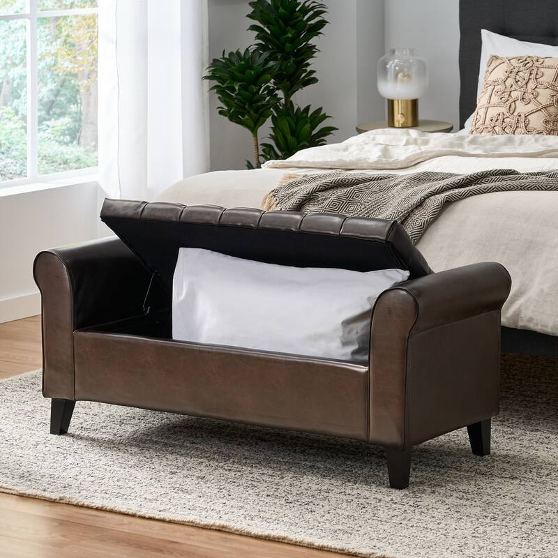 Modern Storage Ottoman Bench Elegantly Rolled Arms,PU