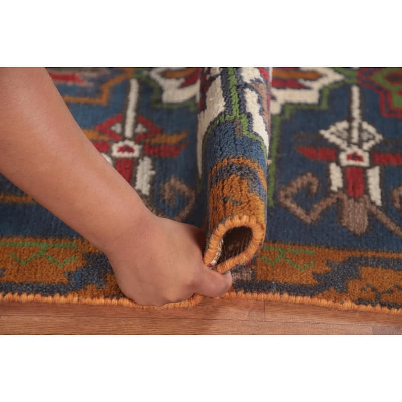 Blue Geometric Heriz Serapi Oriental Runner Rug Handmade Wool Carpet - 2'7"x 7'10"