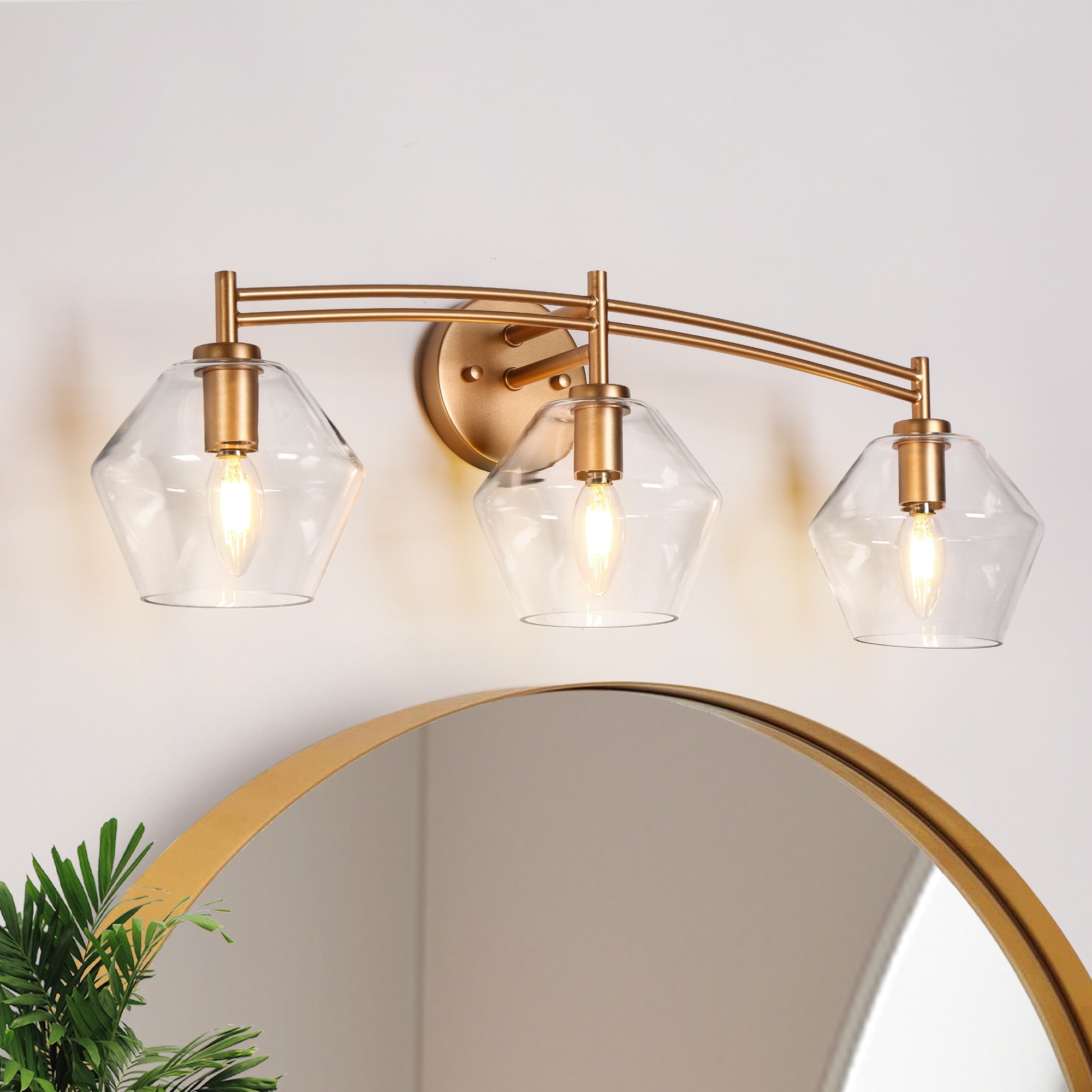 LALUZ Modern Gold 3-Light Bathroom Vanity Lights Clear Glass Wall Sconces - L26" x H9.1"