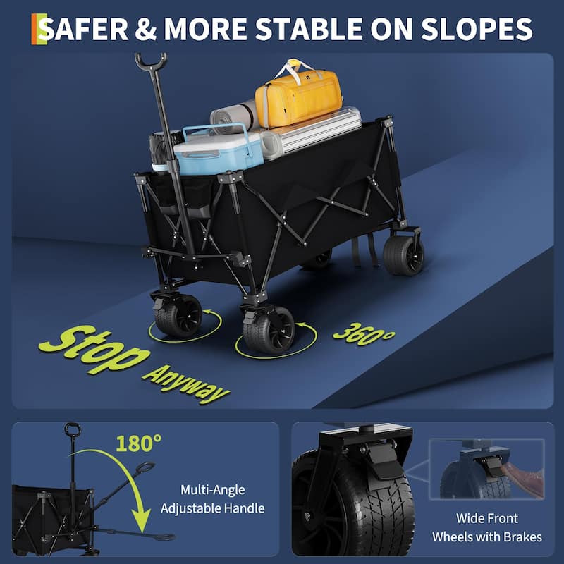 Folding All Terrain Utility Wagon Cart with Wheels and Cup Holders