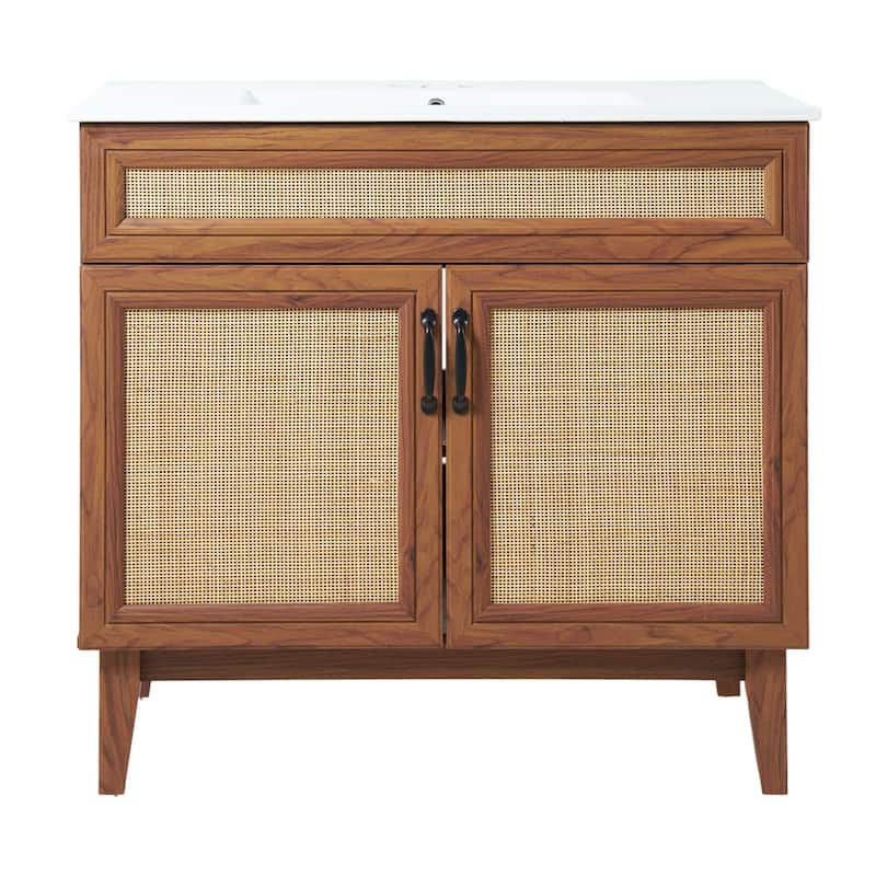 Ancillary Rattan Modern Farmhouse 2-Shelf Bath Vanity Cabinet Only (Sink Basin not Included), by JONATHAN Y - 36 in. - Walnut