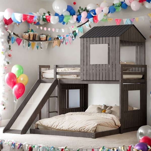 slide 2 of 49, Friendly Design Twin Over Full Bunk Bed, Loft Bed with Playhous Antique Gray