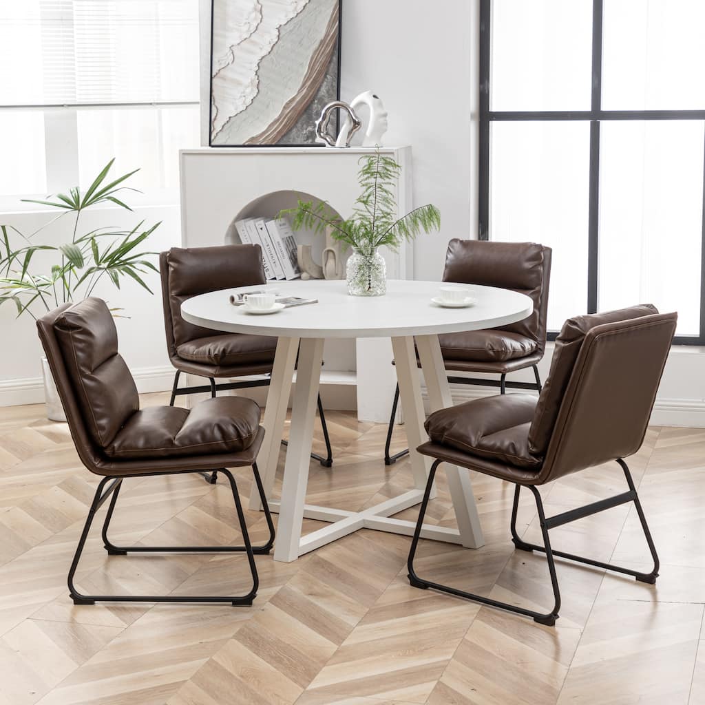 Trestle Dining Table Set with 4 Brown Upholstered Side Chairs