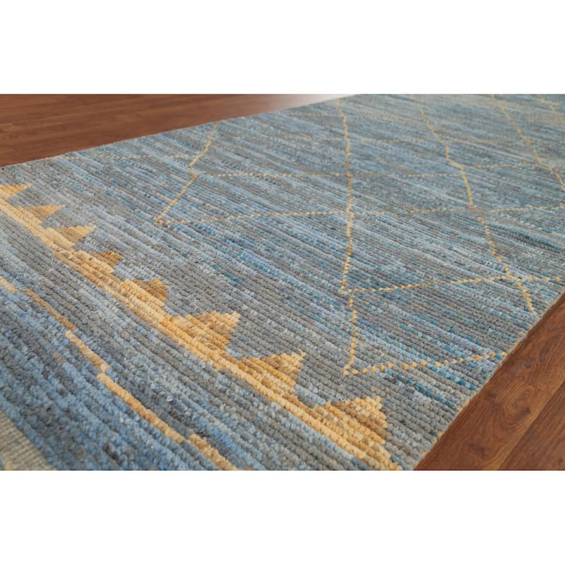 Trellis Blue Moroccan Oriental Runner Rug Hand-Knotted Wool Carpet - 4'0"x 12'3"