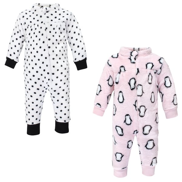 slide 1 of 1, Hudson Baby Infant Girl Plush Jumpsuits, Pink Penguin 0-3 Months - Pink Penguin