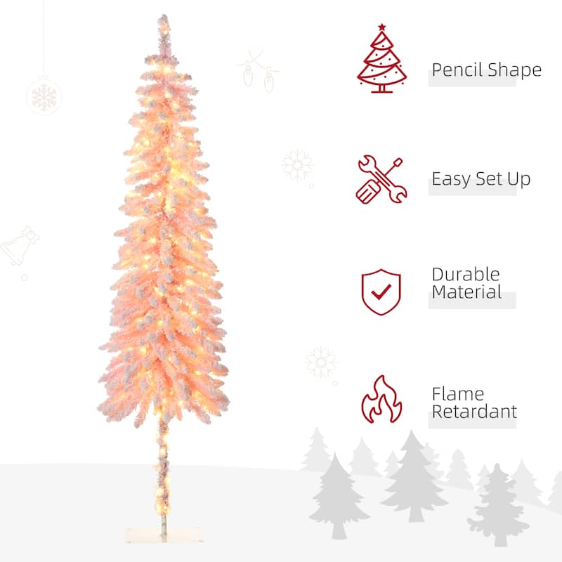 HOMCOM 7ft Tall Pencil Prelit Artificial Christmas Tree Holiday Décor with 703 Snow Flocked Branches, Downswept Shape, Pink
