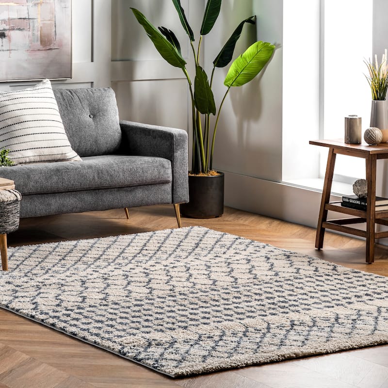 Nuloom Beige Geometric Moroccan Trellis Shag Rug - 5' Square - Beige - Square
