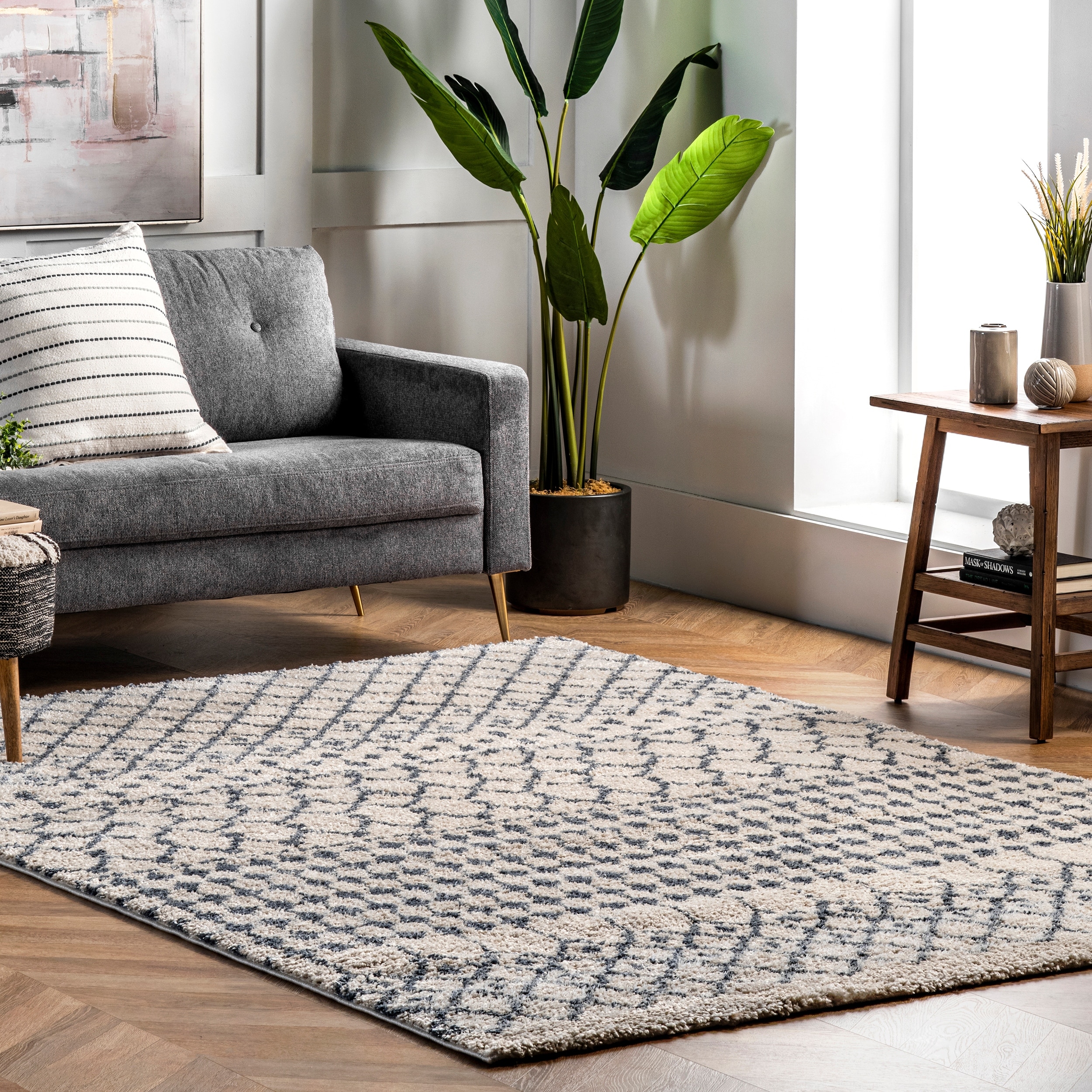 Nuloom Beige Geometric Moroccan Trellis Shag Rug
