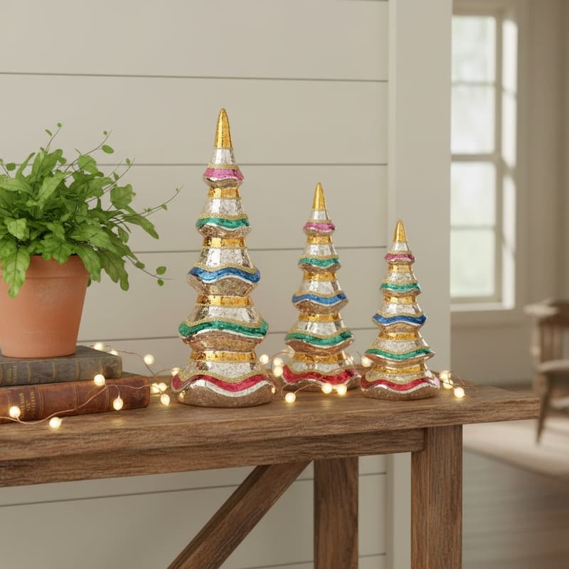 HomeRoots Set of Three Silver Gold Red And Green Mercury Glass Christmas Tree Sculptures - 4.25 in. x 11.50 in. x 4.25 in. - Green/Gold/Red - 4.25 in. x 11.50 in.  x 4.25 in.