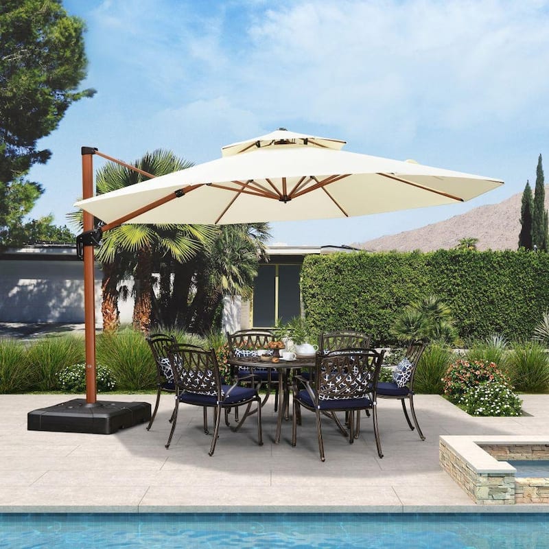 PURPLE LEAF Double Top10/11/12/13ft Round Patio Cantilever Umbrella in Wood Color