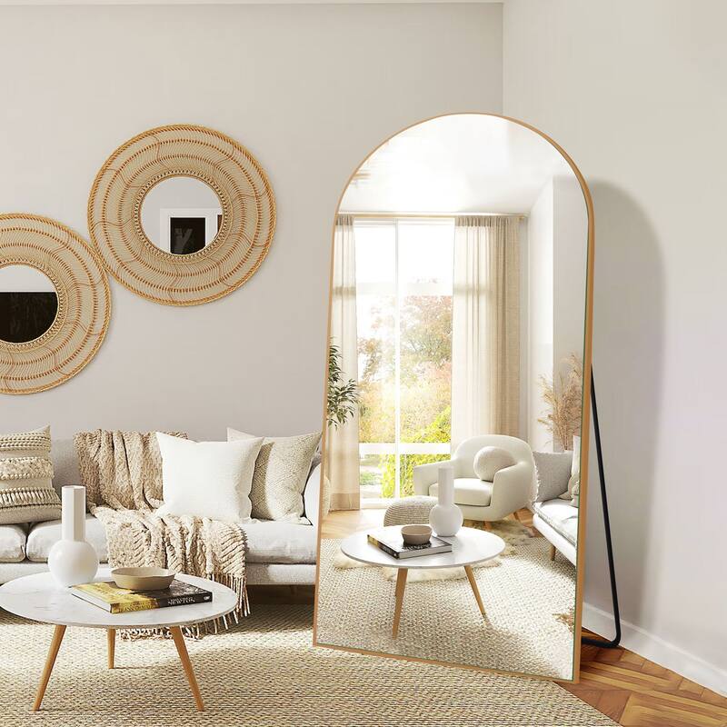 Arched Floor Mirror With Stand,Wood Frame Full Length Mirror,Wall-Mounted Mirror - 71"×32" - Gold