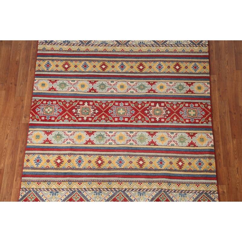 Striped Geometric Kazak Area Rug Hand-Knotted Wool Carpet - 4'11" x 6'7"
