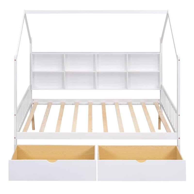 Pine House Bed with 2 Drawers, Shelf, Headboard & Footboard
