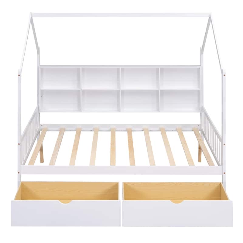 Wooden House Bed with 2 Drawers, Kids Bed with Storage Shelf