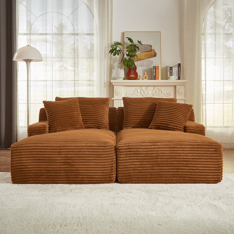 Modern Sleeper Loveseat Sectional Sofa Corduroy Double Chaise Lounge - Orange
